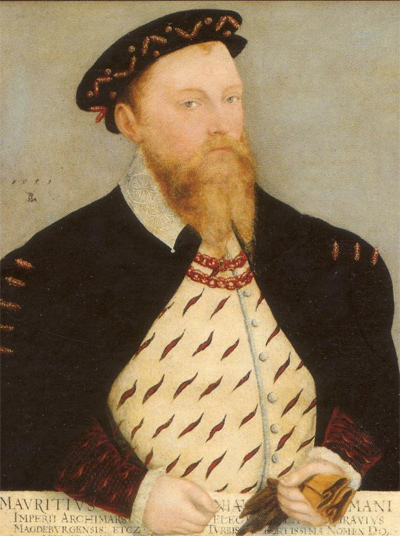 Lucas Cranach d.J.: Kurfürst Moritz von Sachsen (und seine Gemahlin Agnes), Ausschnitt aus dem Ehebild, 1559. Staatliche Kunstsammlungen Dresden. Wikimedia Commons