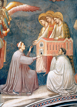 Giotto di Bondone: Weltgericht, Detail: Enrico Scrovegni übergibt ein Modell der Kapelle, Padua, ca. 1305. Quelle: Wikimedia Commons (wga.hu)