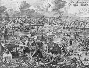 Zeitgenössische Darstellung der verheerenden Burchardiflut von 1634. Quelle: Wikimedia Commons