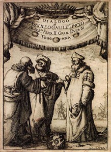 Titelblatt von Galileis "Dialog über die zwei Weltsysteme": Es diskutieren Aristoteles, Ptolemäus und Kopernikus miteinander. Quelle: Wikimedia Commons / Original uploader was APPER at de.wikipedia