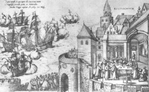 Die Grafik (Frans Hogenberg, zwischen 1535 und 1590, wahrscheinlich 1589) zeigt den Verlauf der Seeschlacht am 30./31.Mai 1564 in der Ostsee zwischen den Inseln Öland und Gotland zur Zeit des Dreikronenkrieges. In der rechten Bildhälfte sind die gescheiterten Friedenverhandlungen in der Stadt Rostock (ROSTOCHIVM) zu sehen. Die linke Bildhälfte zeigt die Kaperung des schwedischen Flaggschiffes MARS (auch bekannt als Makalös bzw. Jutehattaren) durch das Lübecker Flaggschiff "Der Engel" sowie weitere Schiffe der dänisch-lübecker Flotte. Die Seeschlacht endete mit der Versenkung der Mars und der Gefangennahme des schwedischen Befehlshabers Admiral Jakob Bagge sowie seinem Stellvertreter Arvid Trolle. Source Grafik stammt vermutlich aus einem Werk, das Hogenberg als Nachruf auf den dänischen König Frederik II. um 1589 fertigte