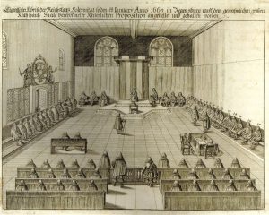Immerwährender Reichstag zu Regensburg 1663, Kupferstich aus dem Jahre 1663; Quelle: Katalog Ausstellung HRR / Wikimedia Commons