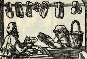 Jost Amman: Schuhmacher; aus Hans Sachs / Jost Amman: Eygentliche Beschreibung aller Stände auff Erden. Frankfurt a.M. 1568 (Google Books, Ausschnitt)