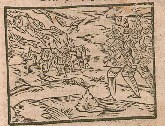 Pygmäen kämpfen gegen die Kraniche. Das Bild stammt aus: Eine lustige History von Hertzog Ernsten. Magdeburg 1598 (Google Books)