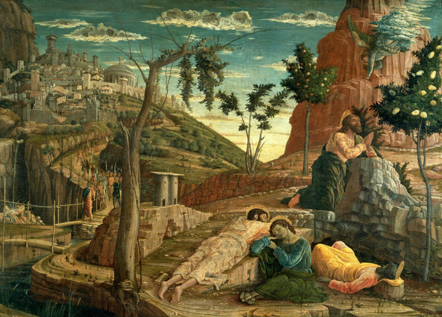 Andrea Mantegna: Triptychon, linke Predellatafel: Christus am Ölberg (1459). The Yorck Project (2002) 10.000 Meisterwerke der Malerei (DVD-ROM), distributed by DIRECTMEDIA Publishing GmbH. ISBN: 3936122202. In: Wikimedia commons.