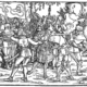 Aufständische Bauern mit Bundschuhfahne umzingeln einen Ritter. Holzschnitt des sog. Petrarca-Meisters aus dem Trostspiegel, 1539. (Wikimedia commons, public domain; User Rosenzweig)
