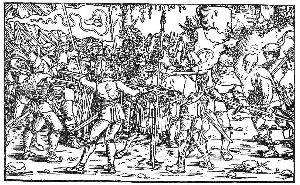 Aufständische Bauern mit Bundschuhfahne umzingeln einen Ritter. Holzschnitt des sog. Petrarca-Meisters aus dem Trostspiegel, 1539. (Wikimedia commons, public domain; User Rosenzweig)