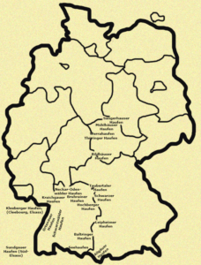Deutschland in heutigen Grenzen, auch der Bundesländer, und mit den Bauernhaufen. Karte: Michael Schnell