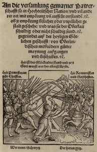 Titelblatt der Flugschrift: An die Versammlung gemeiner Bauernschaft. Höltzel-Verlag Nürnberg 1525 (Wikimedia Commons, gemeinfrei)