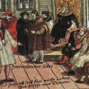 Luther auf dem Reichstag zu Worms; Kolorierter Holzschnitt von 1556. (Wikimedia commons, public domain)
