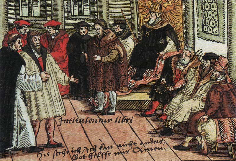 Luther auf dem Reichstag zu Worms; Kolorierter Holzschnitt von 1556. (Wikimedia commons, public domain)