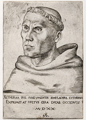 Martin Luther als Augustinermönch im Ordenshabit, Brustbild nach links, mit Inschrift; Stich von Lucas Cranach dem Älteren; Wikimedia commons – CollectionBritish Museum (public domain)
