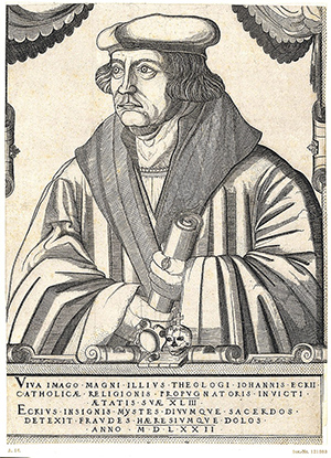 Johannes Eck, katholischer Theologe Gegner Martin Luthers Kupferstich von Peter Weinher d. Ä. (1572); Wikimedia commons: portraitindex.de (public domain)