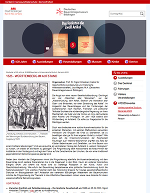 Screenshot der Website zur Vorlesungsreihe Studium Generale 2023, Thema: 1525 - Württemberg im Aufstand