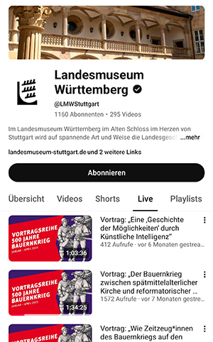Screenshot des YouTube-Kanals des Landesmuseums Württemberg mit den Videos zum Bauernkrieg