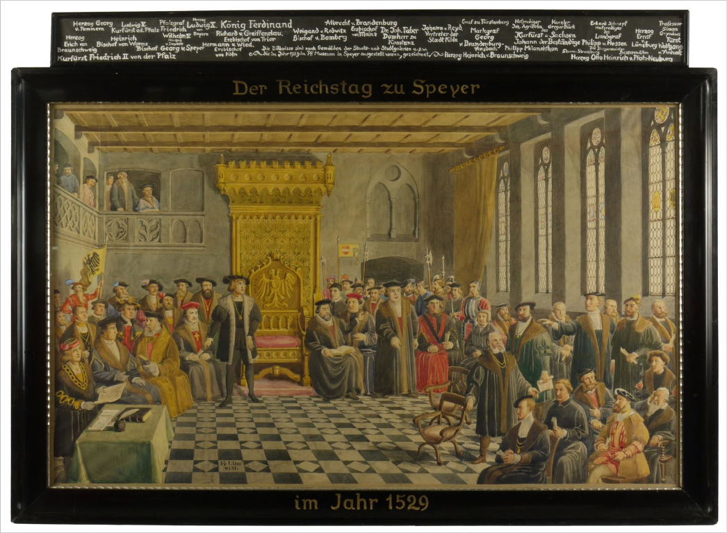 Reichstag zu Speyer im Jahr 1529, von Friedrich Ulm aus dem Jahr 1931. CC BY-NC-SA @ Historisches Museum der Pfalz - Speyer