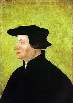 Der Zürcher Reformator Ulrich Zwingli auf einem Porträt von Hans Asper, entstanden nach dem Tod Zwinglis. Photo: SIK-ISEA, Zürich (Jean-Pierre Kuhn; Wikimedia commons, public domain)