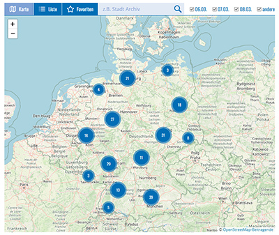 Screenshot: Karte zum Tag der Archive; Quelle: VdA – Verband deutscher Archivarinnen und Archivare e.V. 