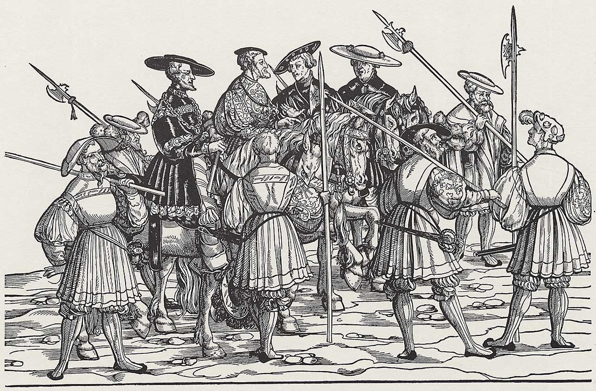 Breu, Jörg d. Ä.: Einzug Kaiser Karls V. in Augsburg, Der Kaiser mit Erzherzog Ferdinand, Pfalzgraf Friedrich und Legat Campeggi. (1530), Wikimedia commons, public domain