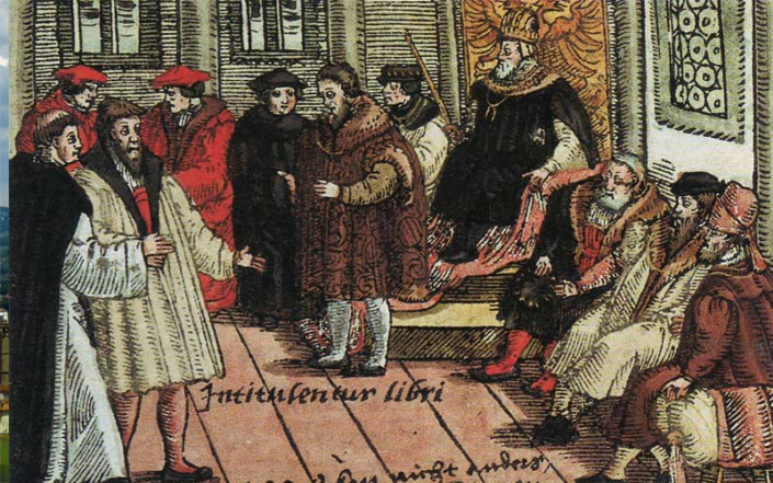 Luther auf dem Reichstag zu Worms; Kolorierter Holzschnitt von 1556. (Wikimedia commons, public domain)